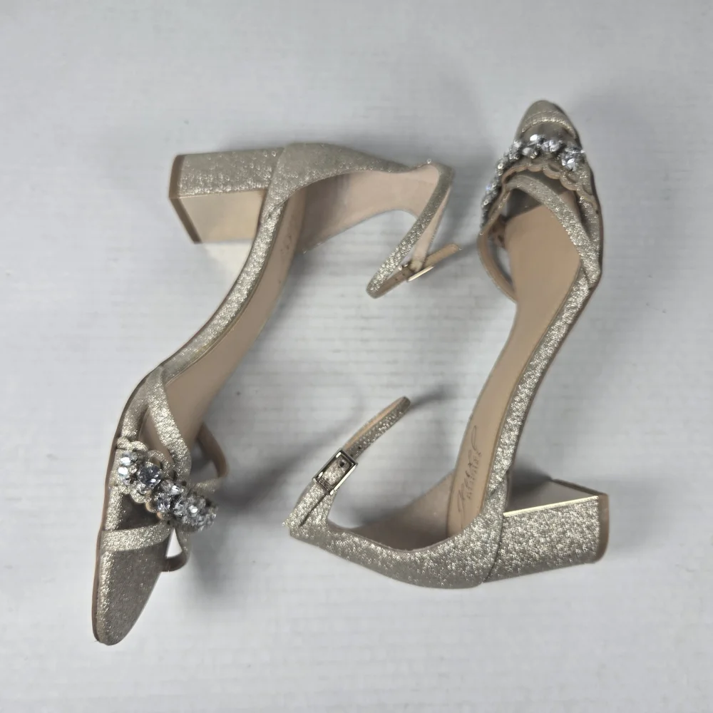 Jewel Badgley Mischka Giona Gold Jeweled Ankle Strap Block Heels Size 8 - Picture 6 of 15